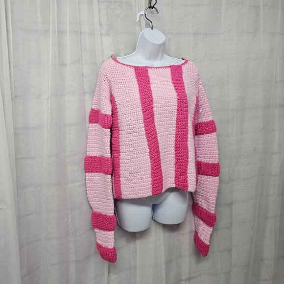 Handmade Pink Sweater Striped Colorblock Knit Pullover S/M - Picture 3 of 12